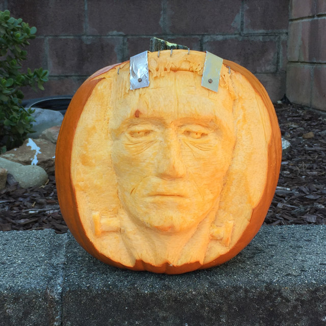 Halloween pumpkin carved as Frankenstein